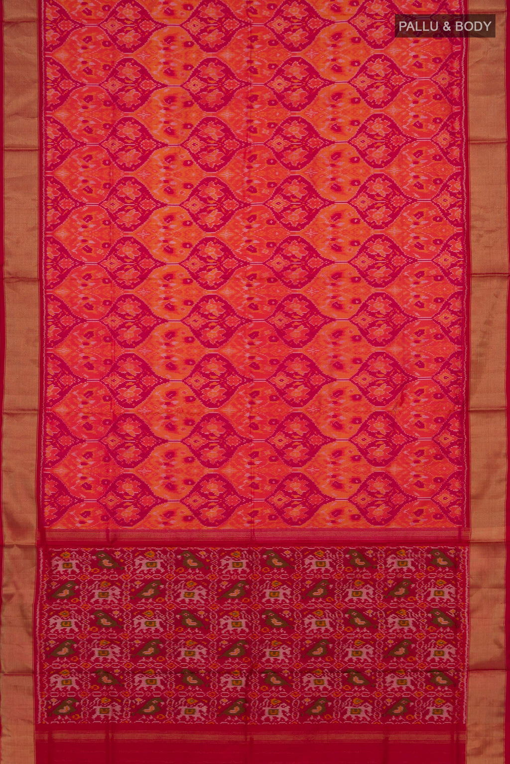 Flat view of Pure Silk Orange Pochampally Saree with Ikat design on the body and Zari Border. 