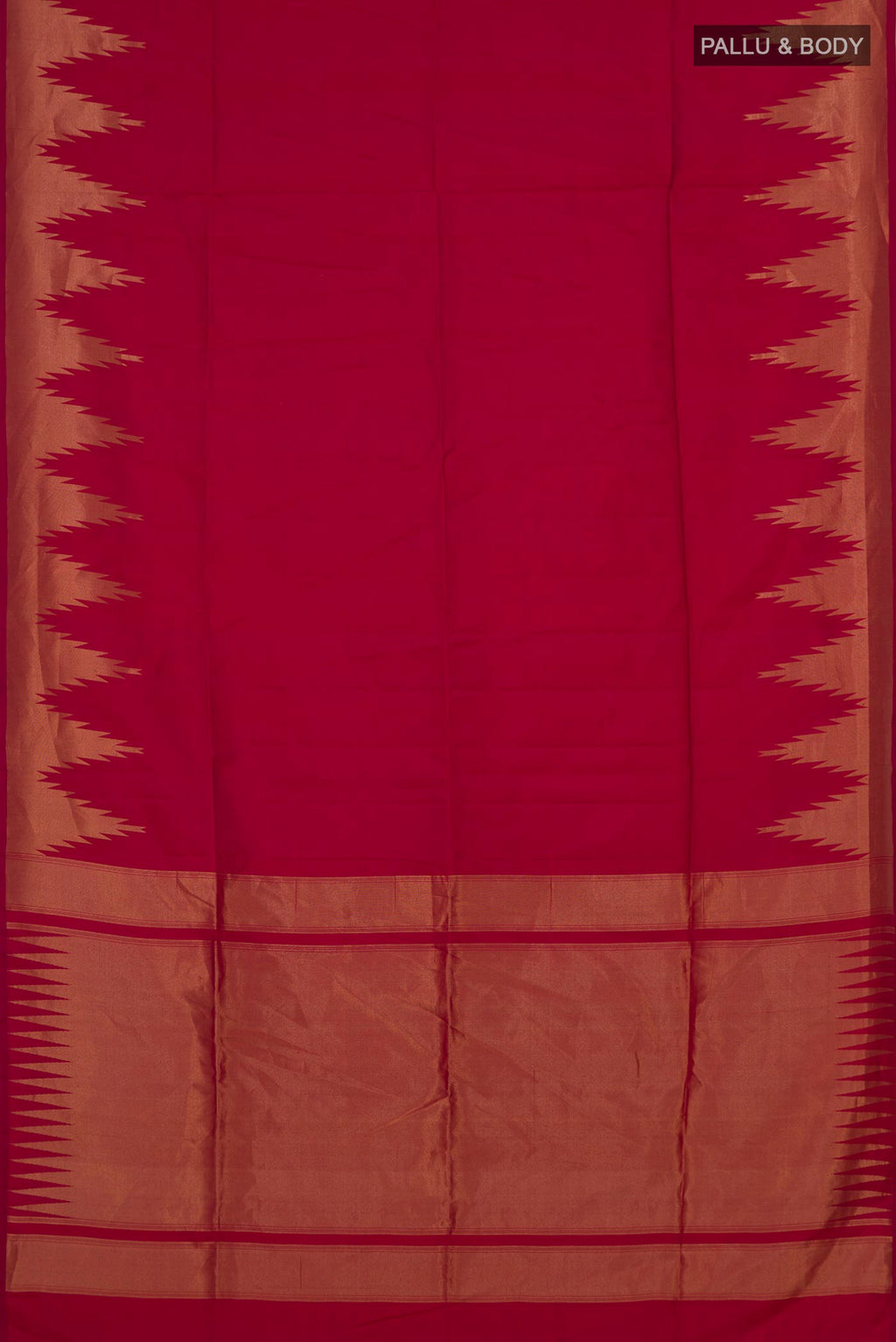 Flat view of Pure Silk Maroon Soft Saree with Plain Body and Temple Border. 