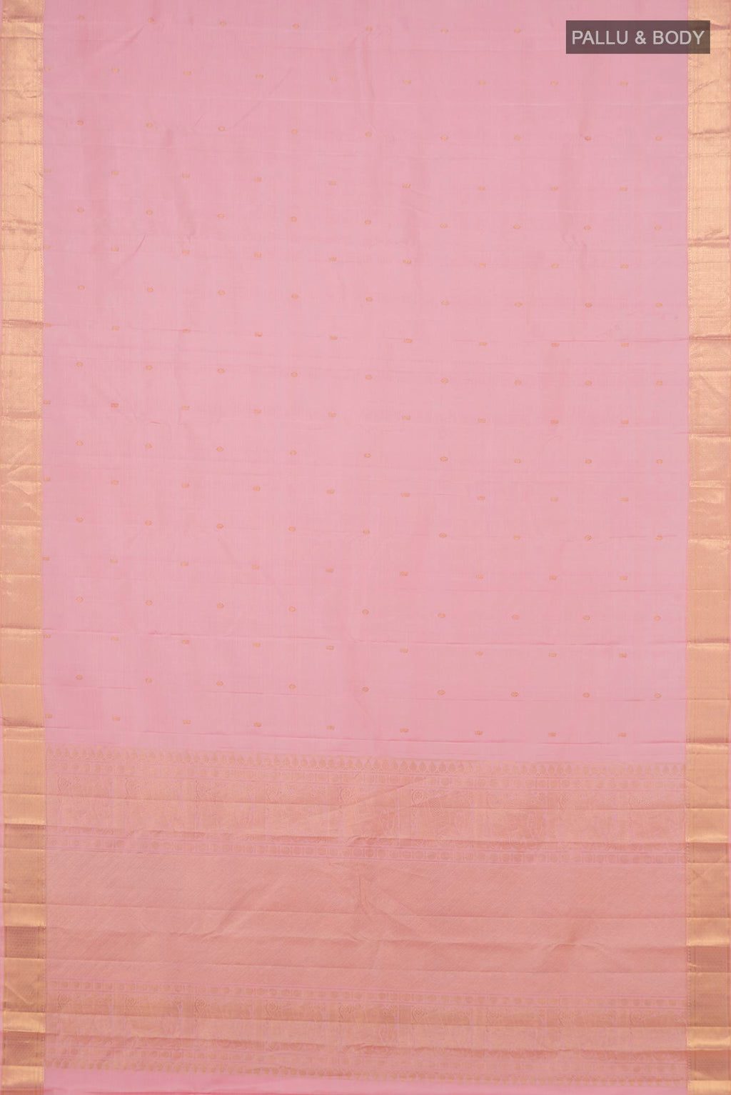 Flat view of Pure Silk Rose pink Kanjivaram Saree with Zari Butta on the body and Zari Border. 