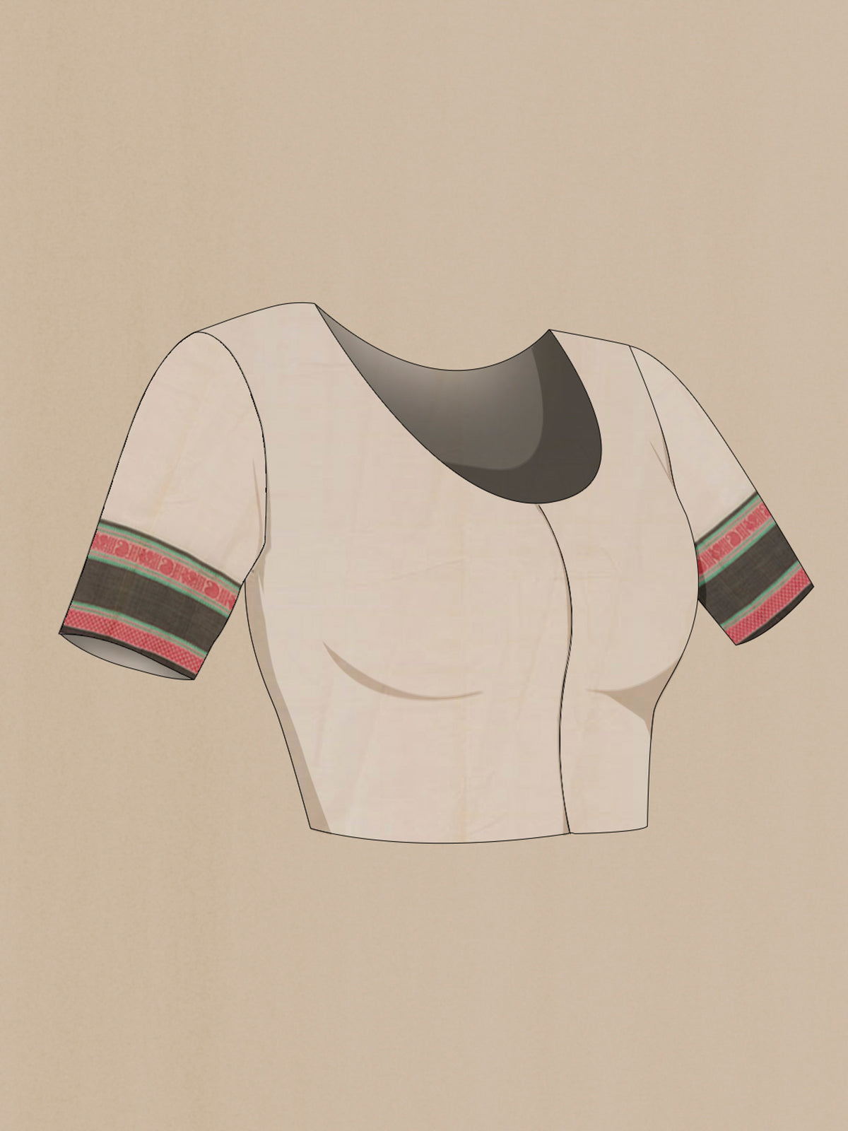 Close up image of the blouse of Cream Silk Cotton Saree with Checked design on the body and Thread Border. 