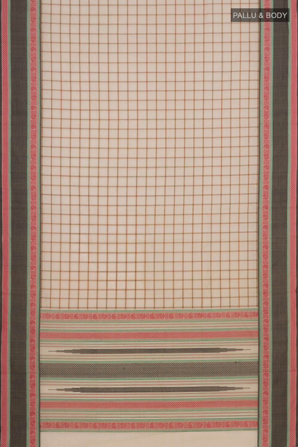 Flat view of Cream Silk Cotton Saree with Checked design on the body and Thread Border. 