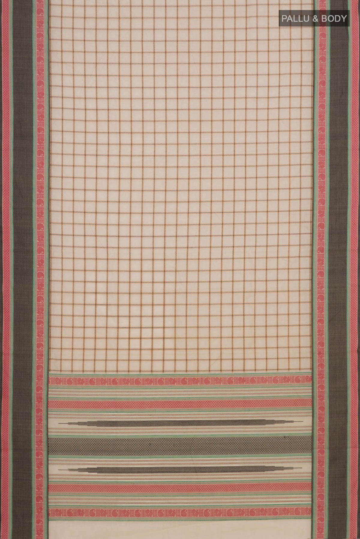 Flat view of Cream Silk Cotton Saree with Checked design on the body and Thread Border. 