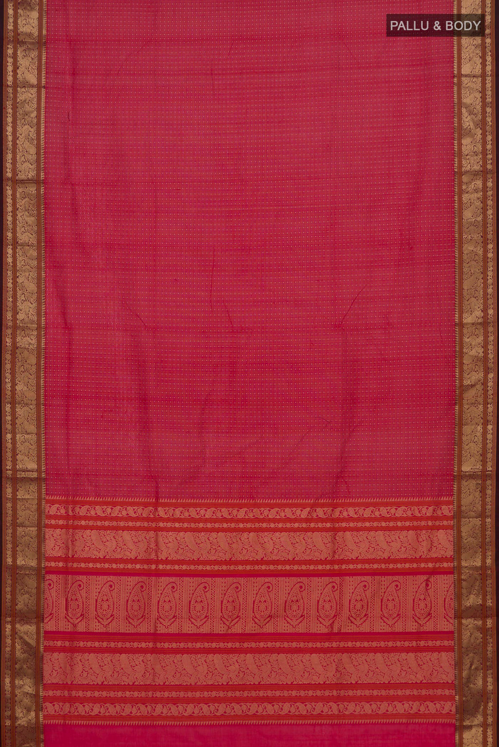 Flat view of Red Silk Cotton Saree with Checked design on the body and Zari Border. 