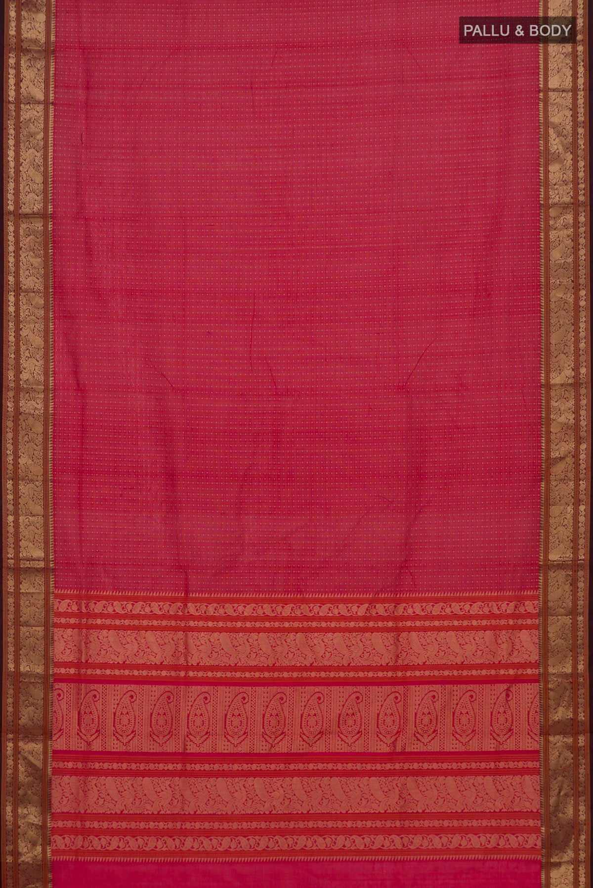 Flat view of Red Silk Cotton Saree with Checked design on the body and Zari Border. 