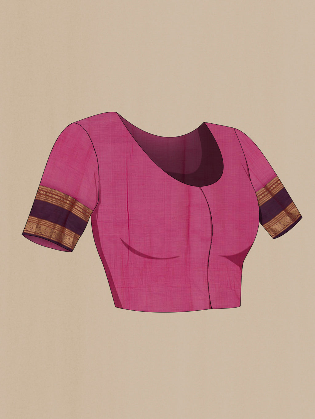 Close up image of the blouse of Rani Pink Silk Cotton Saree with Zari Butta on the body and Zari Border. 