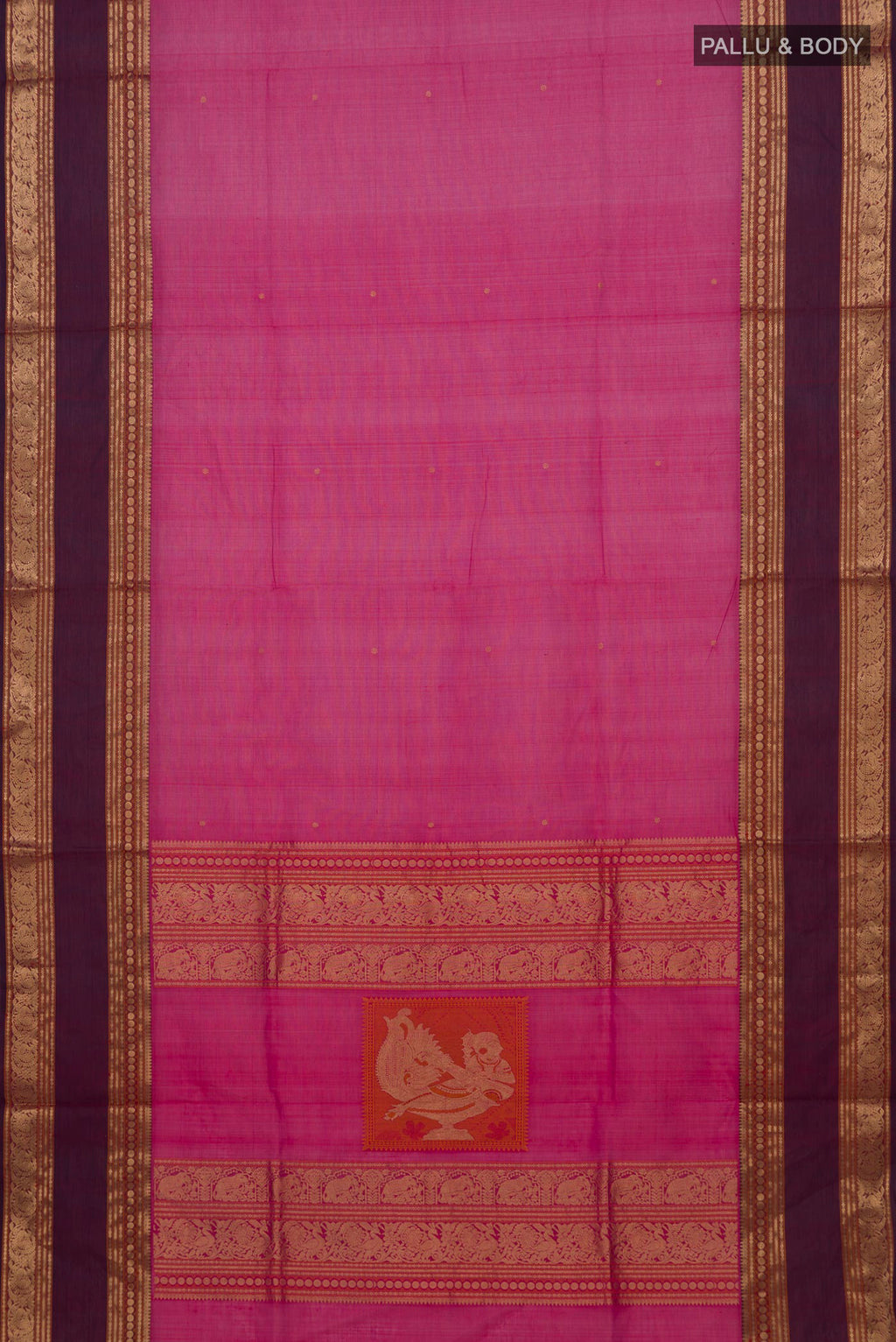 Flat view of Rani Pink Silk Cotton Saree with Zari Butta on the body and Zari Border. 