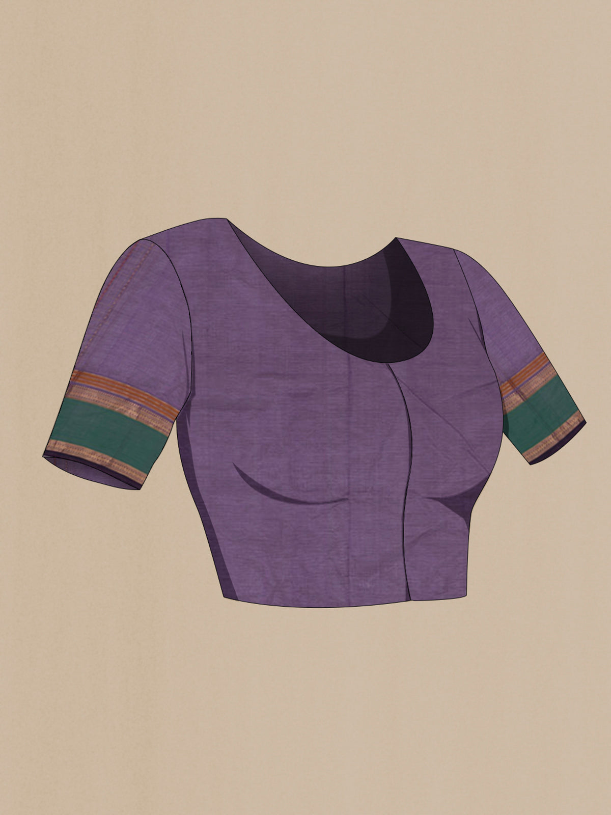 Close up image of the blouse of Purple Silk Cotton Saree with Checked design on the body and Zari Border. 
