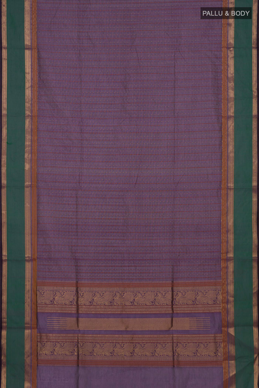 Flat view of Purple Silk Cotton Saree with Checked design on the body and Zari Border. 