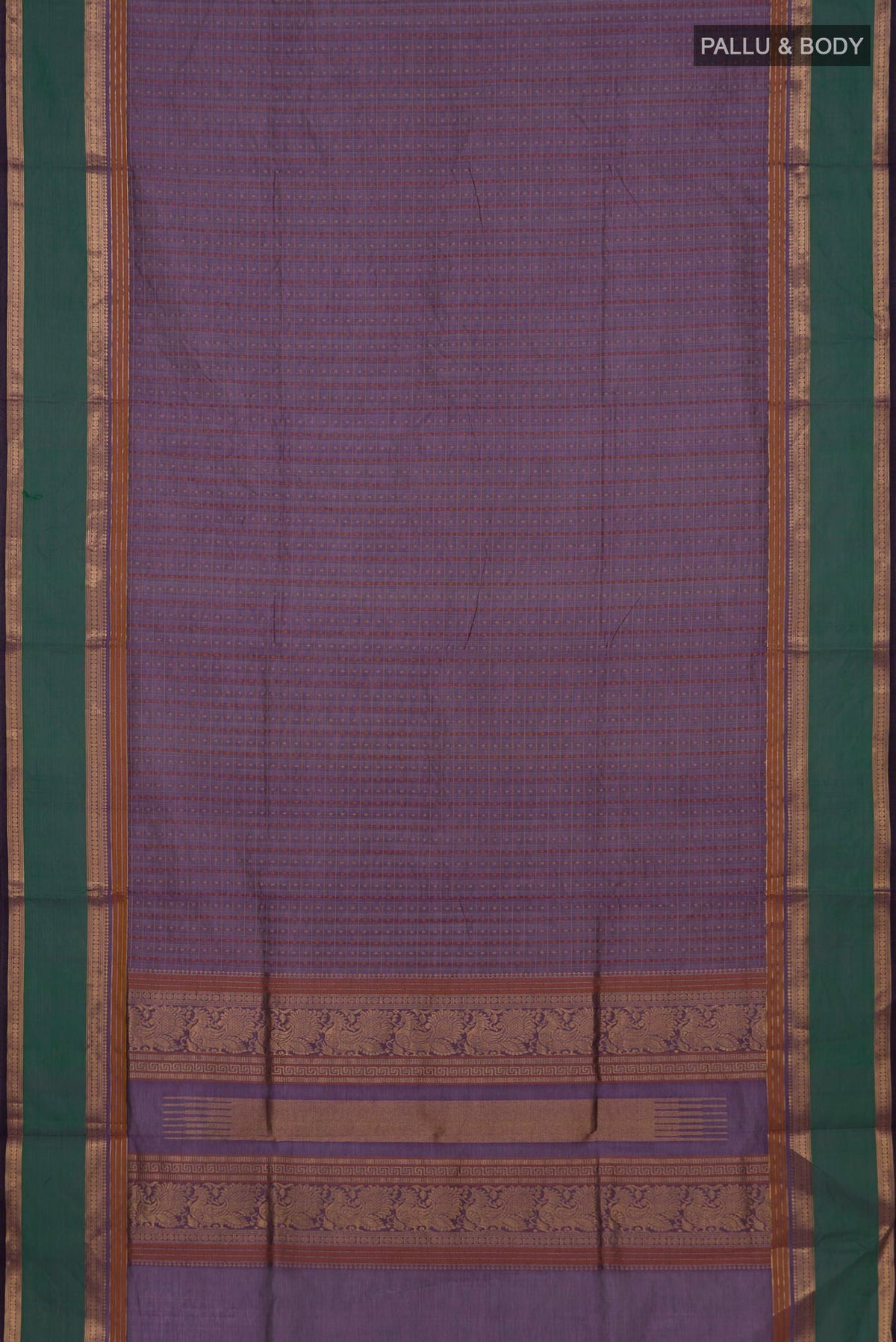 Flat view of Purple Silk Cotton Saree with Checked design on the body and Zari Border. 