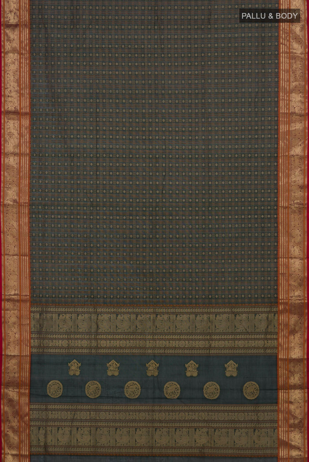 Flat view of Bottle Green Silk Cotton Saree with Checked design on the body and Zari Border. 