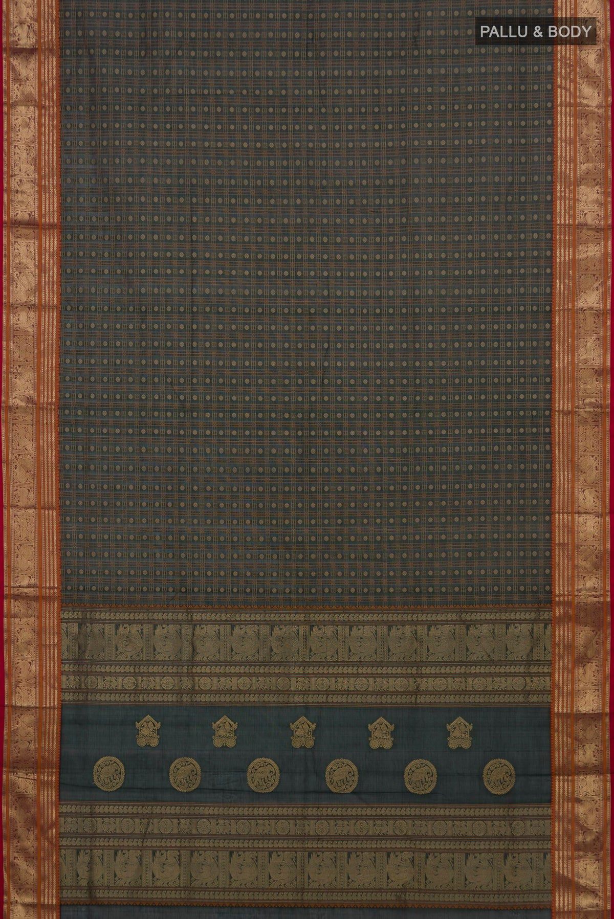 Flat view of Bottle Green Silk Cotton Saree with Checked design on the body and Zari Border. 