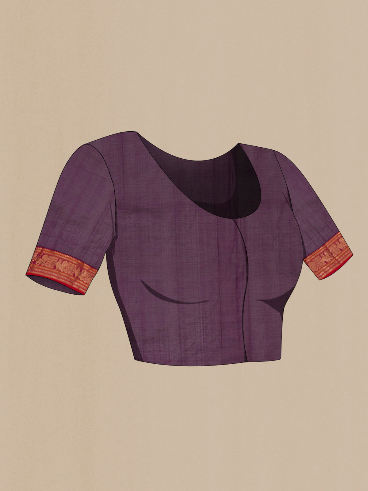 Close up image of the blouse of Purple Silk Cotton Saree with Checked design on the body and Zari Border. 