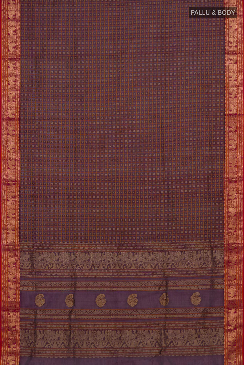 Flat view of Purple Silk Cotton Saree with Checked design on the body and Zari Border. 