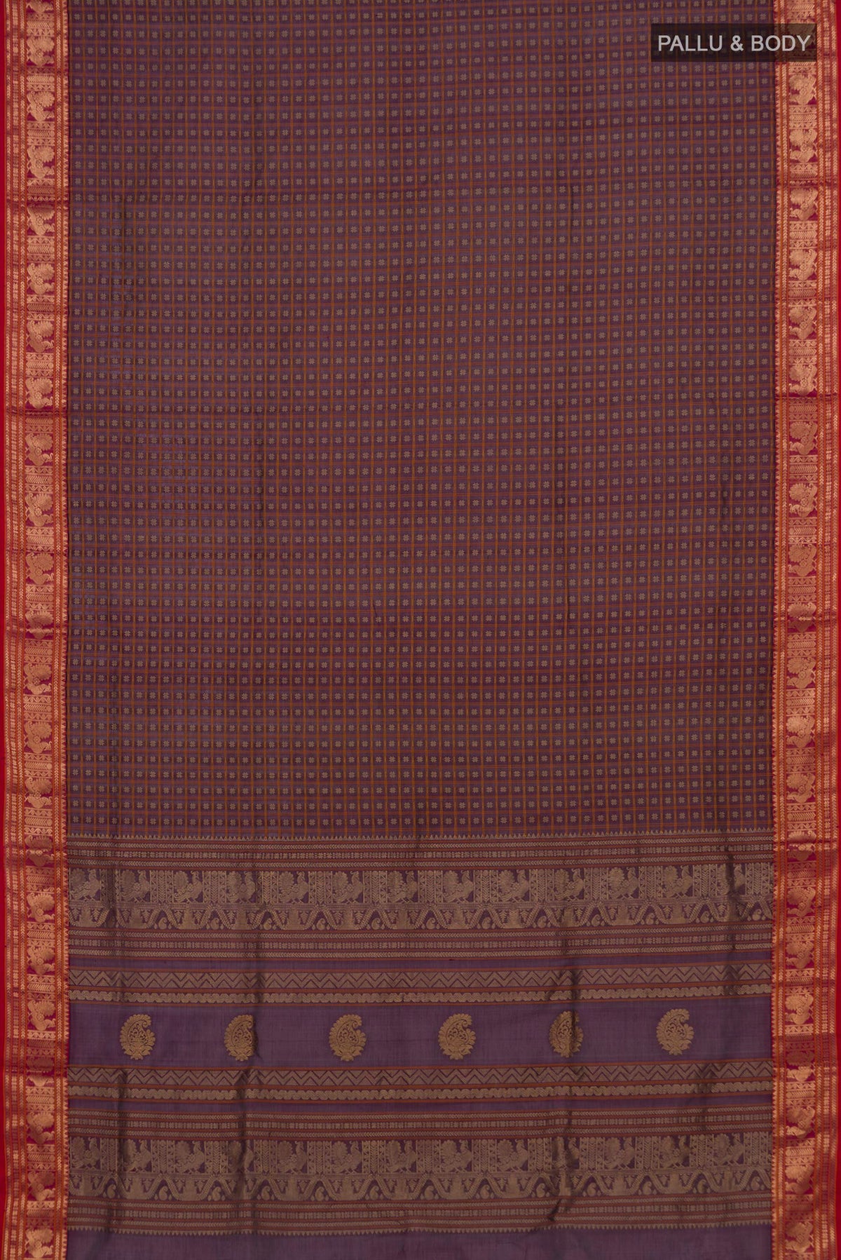 Flat view of Purple Silk Cotton Saree with Checked design on the body and Zari Border. 