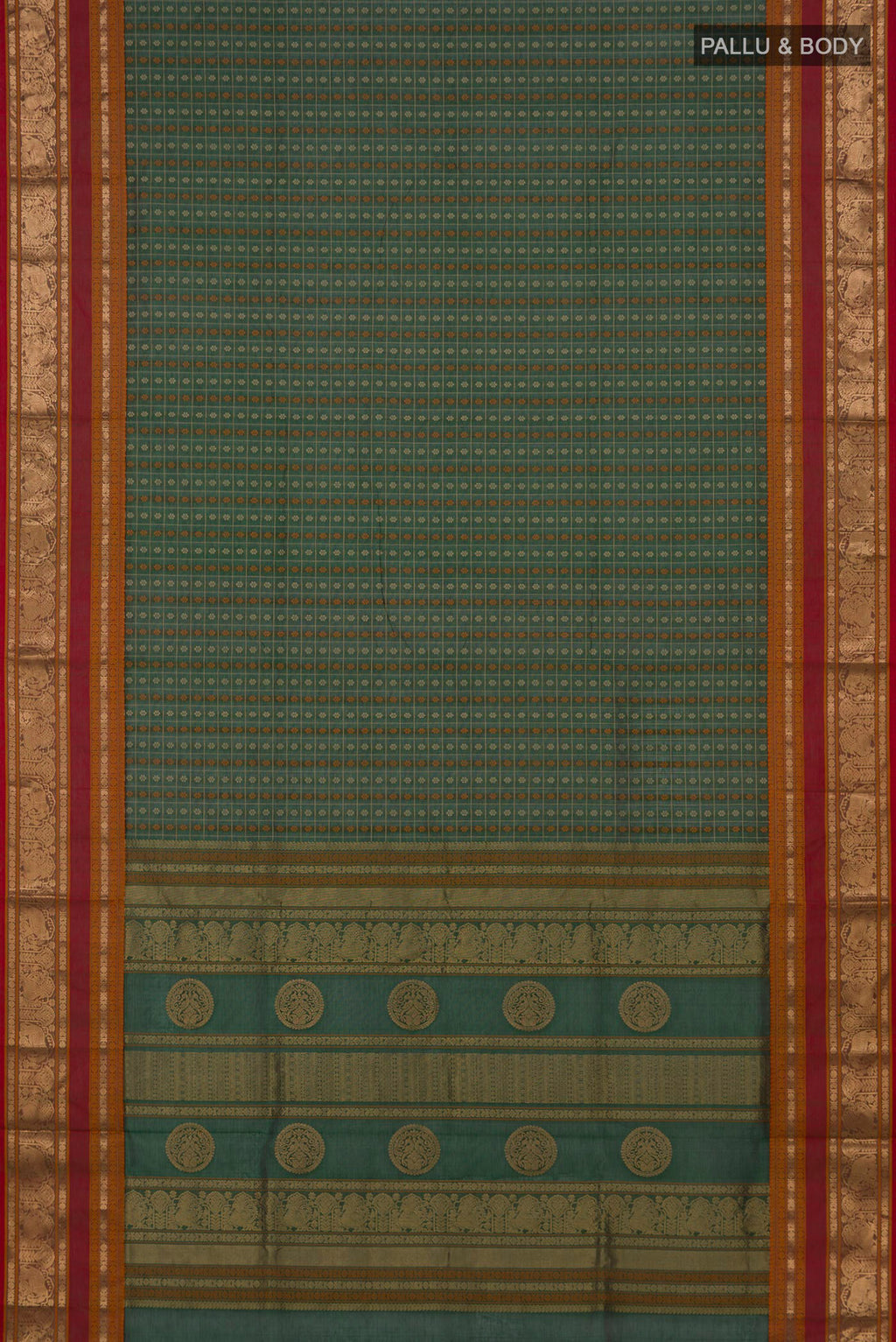 Flat view of Green Silk Cotton Saree with Checked design on the body and Zari Border. 