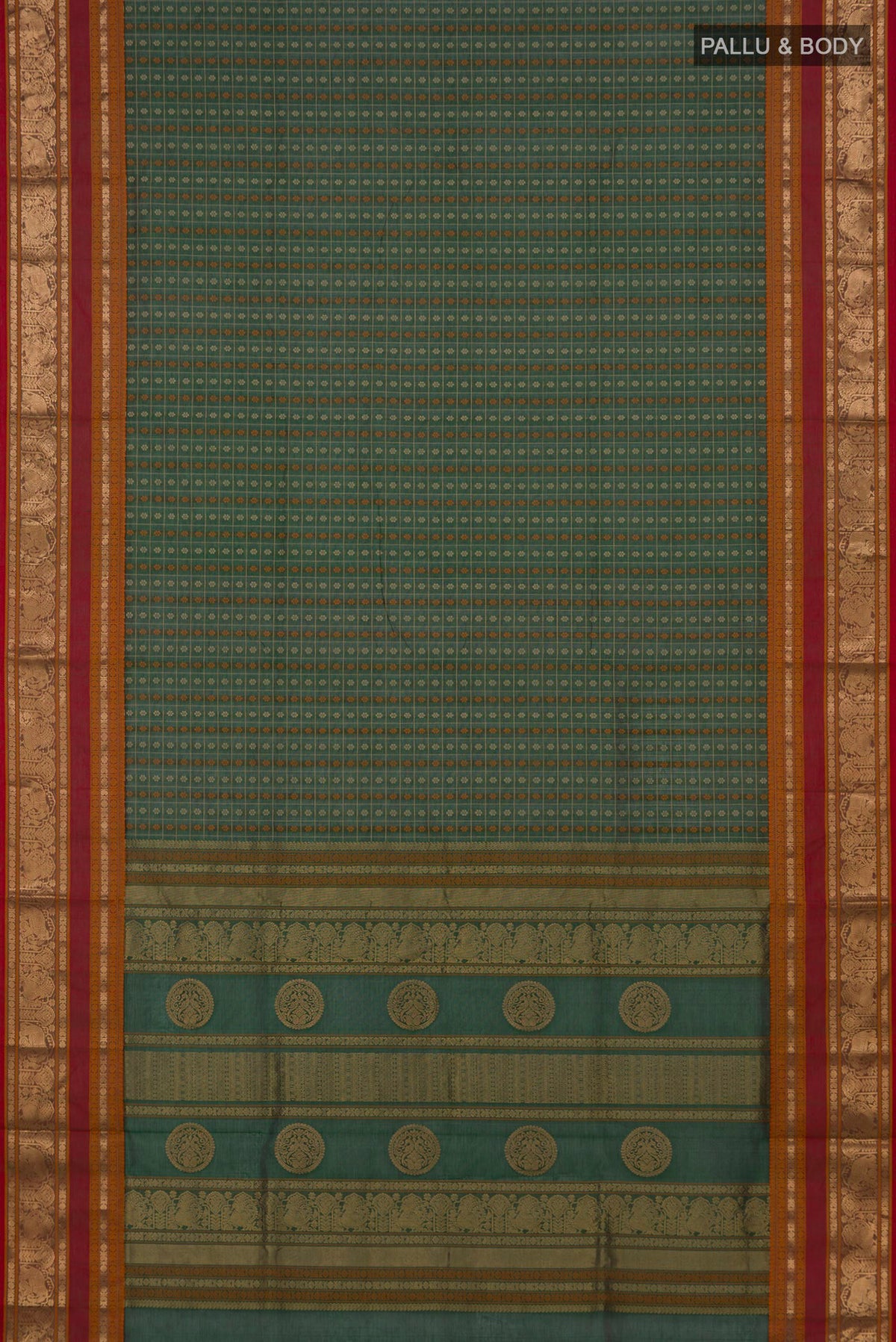 Flat view of Green Silk Cotton Saree with Checked design on the body and Zari Border. 