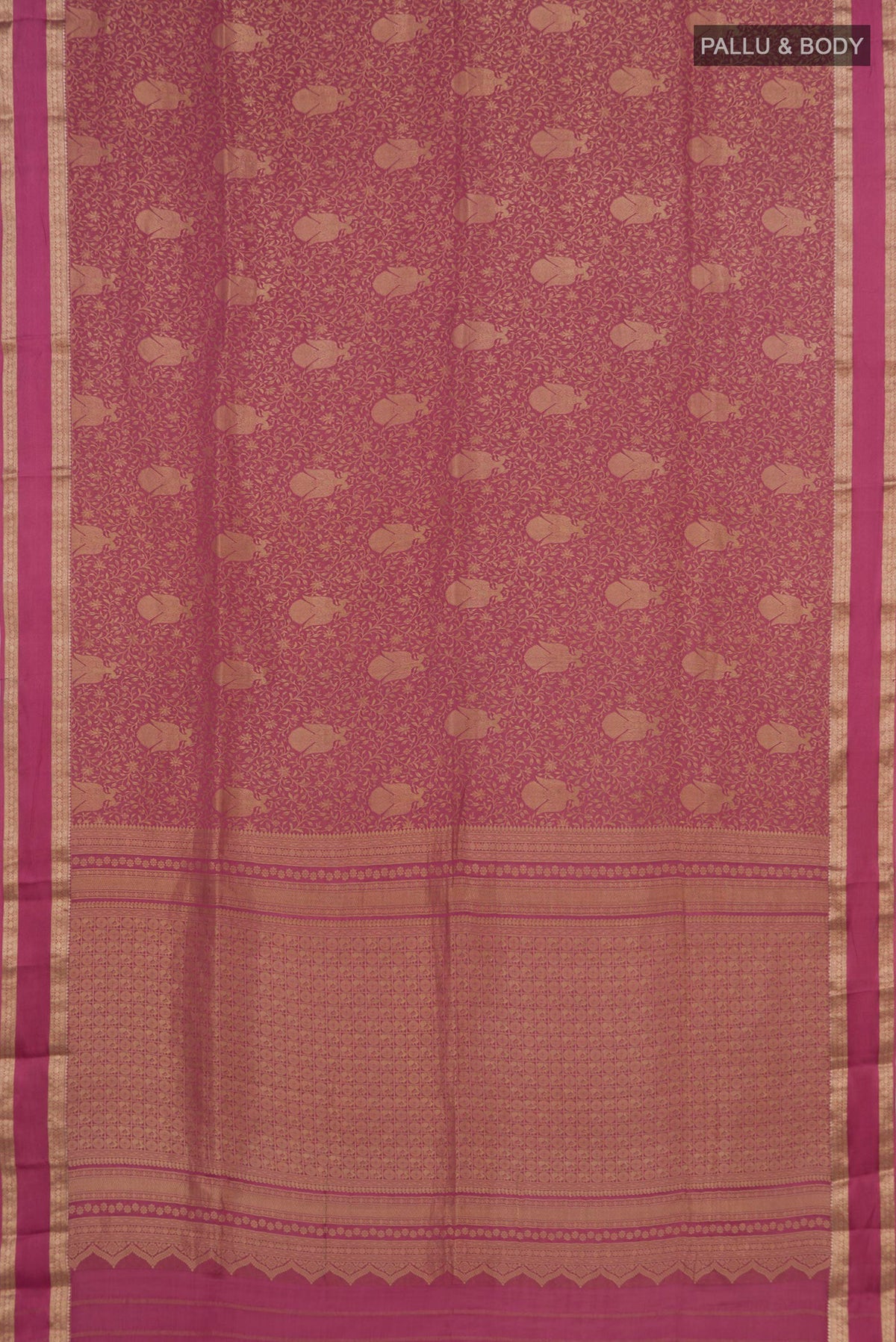 Flat view of Pink Mysore Crepe Saree with Zari Brocade on the body and Zari Border. 