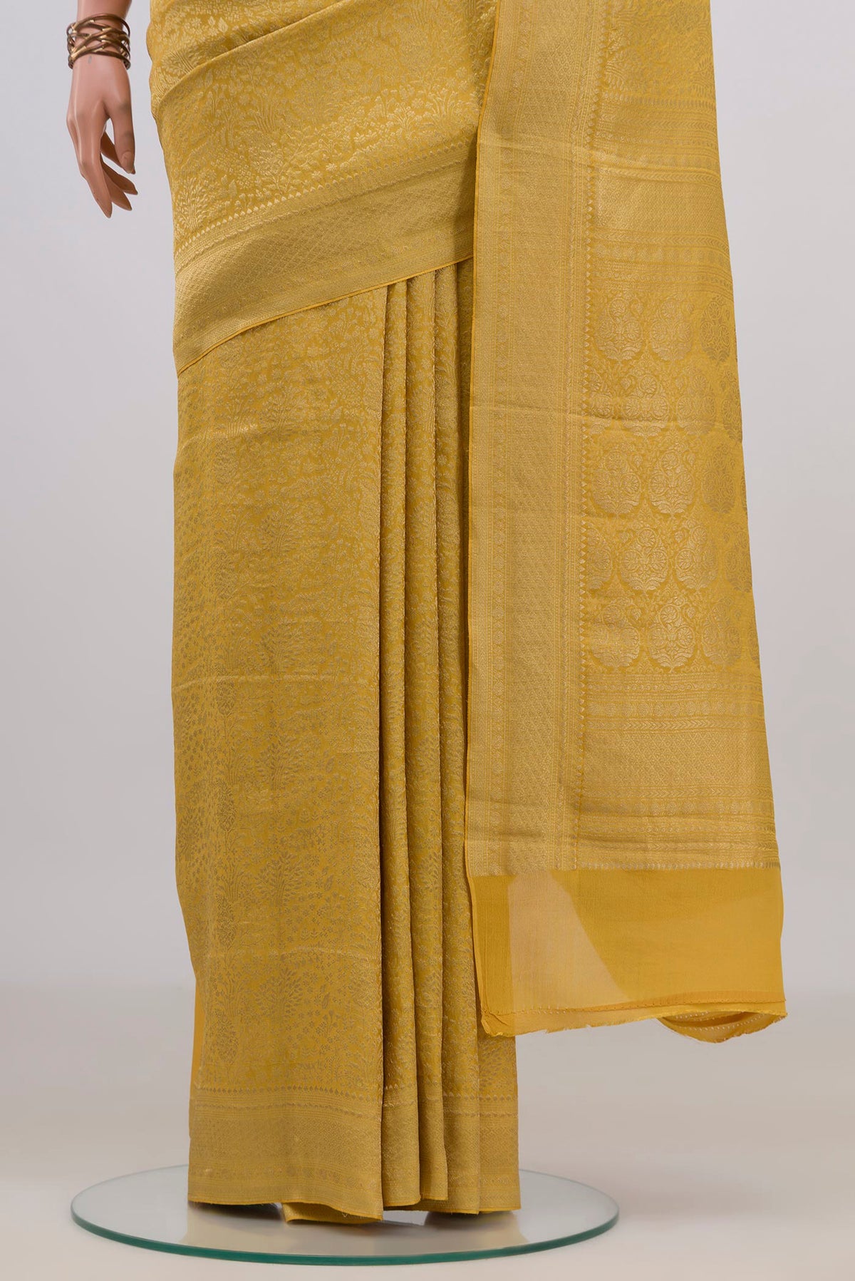 Pleats and pallu of Yellow Mysore Crepe Saree with Zari Brocade on the body and Zari Border. 