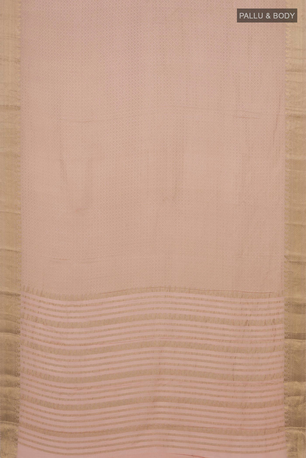 Flat view of Peach Mysore Crepe Saree with Zari Brocade on the body and Zari Border. 