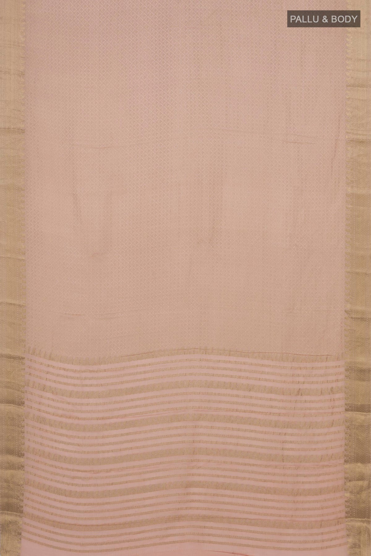 Flat view of Peach Mysore Crepe Saree with Zari Brocade on the body and Zari Border. 