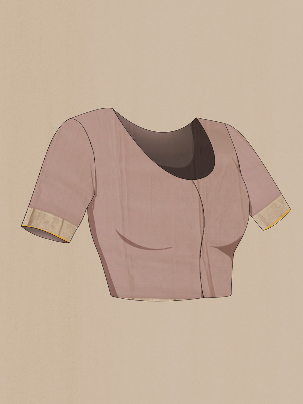 Close up image of the blouse of Rose Gold Mysore Crepe Saree with Zari Brocade on the body and Fancy Border. 