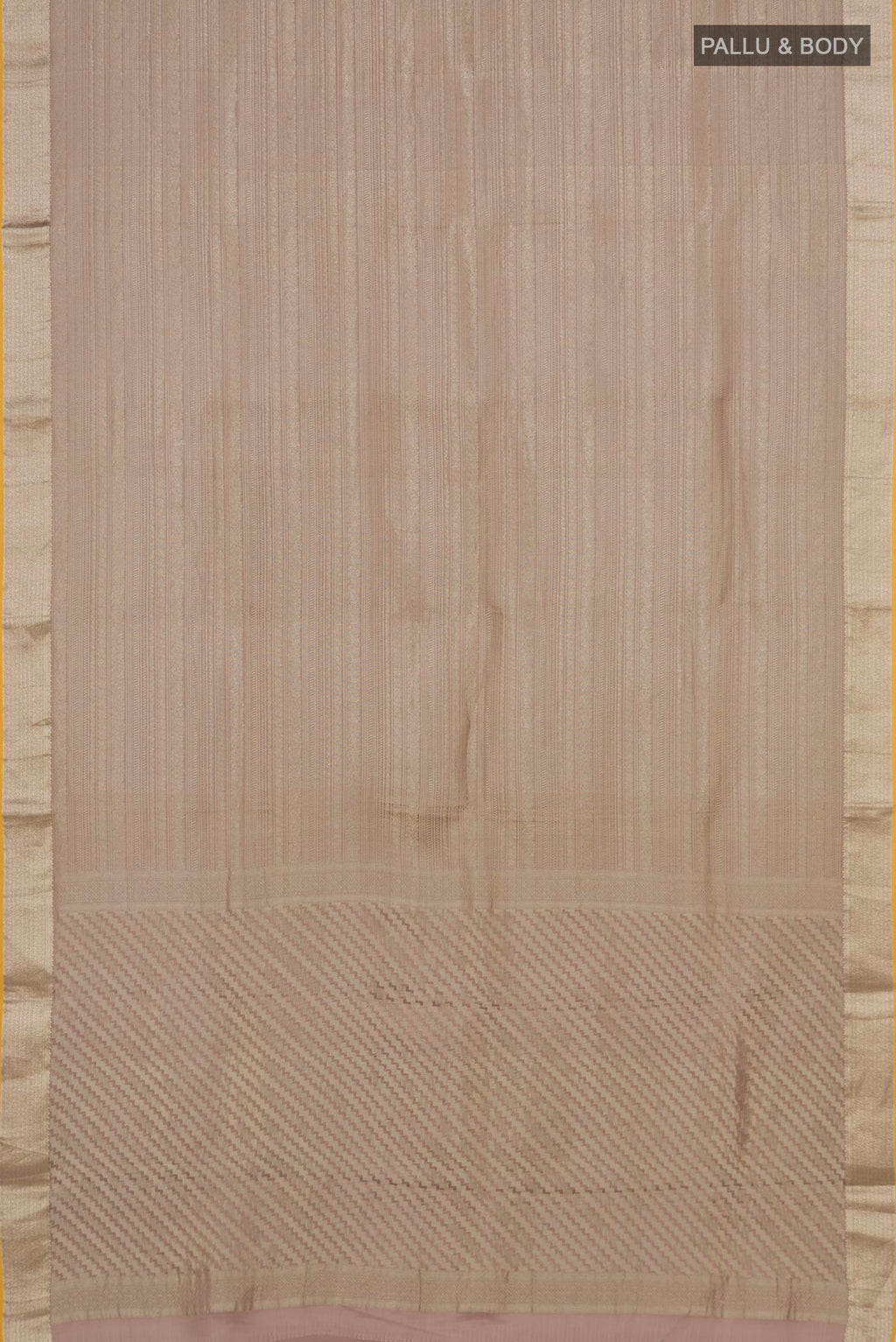 Flat view of Rose Gold Mysore Crepe Saree with Zari Brocade on the body and Fancy Border. 