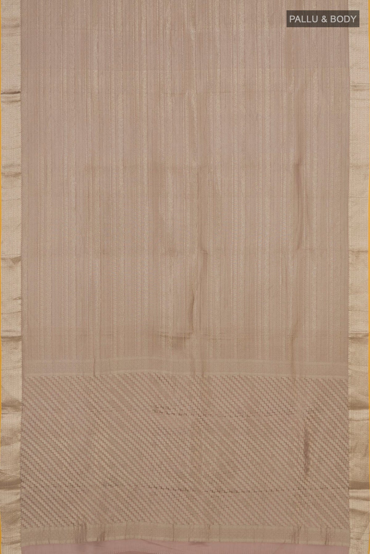 Flat view of Rose Gold Mysore Crepe Saree with Zari Brocade on the body and Fancy Border. 