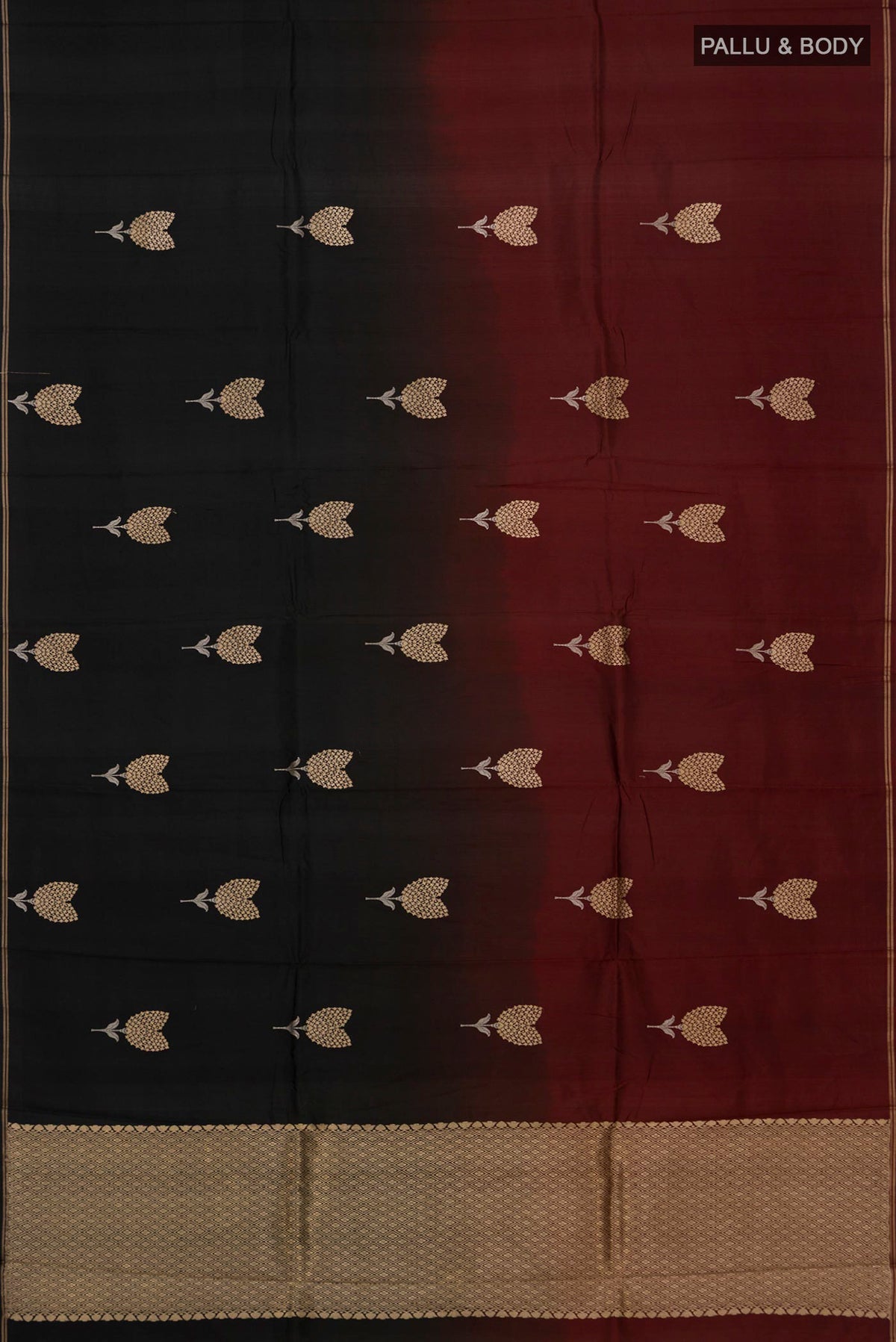 Flat view of Pure Silk Multi Color Banarasi Katan Saree with Zari Butta on the body and Thin Zari Line. 