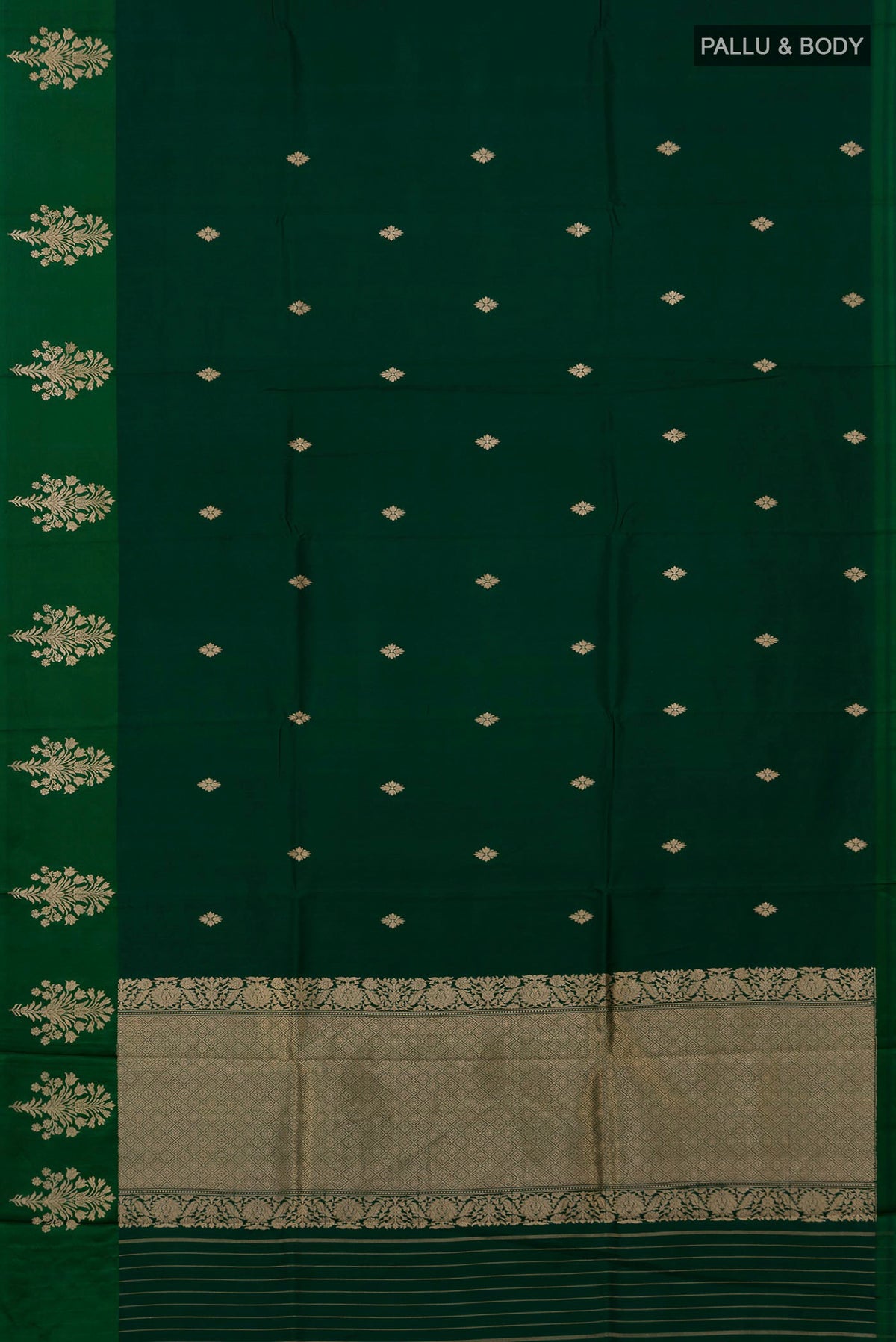 Flat view of Pure Silk Bottle Green Banarasi Katan Saree with Zari Butta on the body and Fancy Border. 