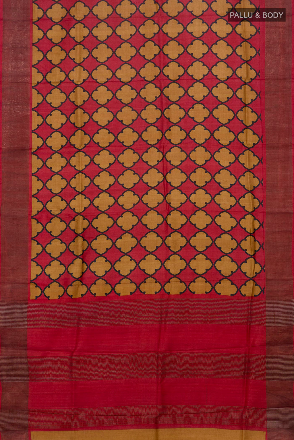 Flat view of Red Tussar Saree with Printed design on the body and Zari Border. 