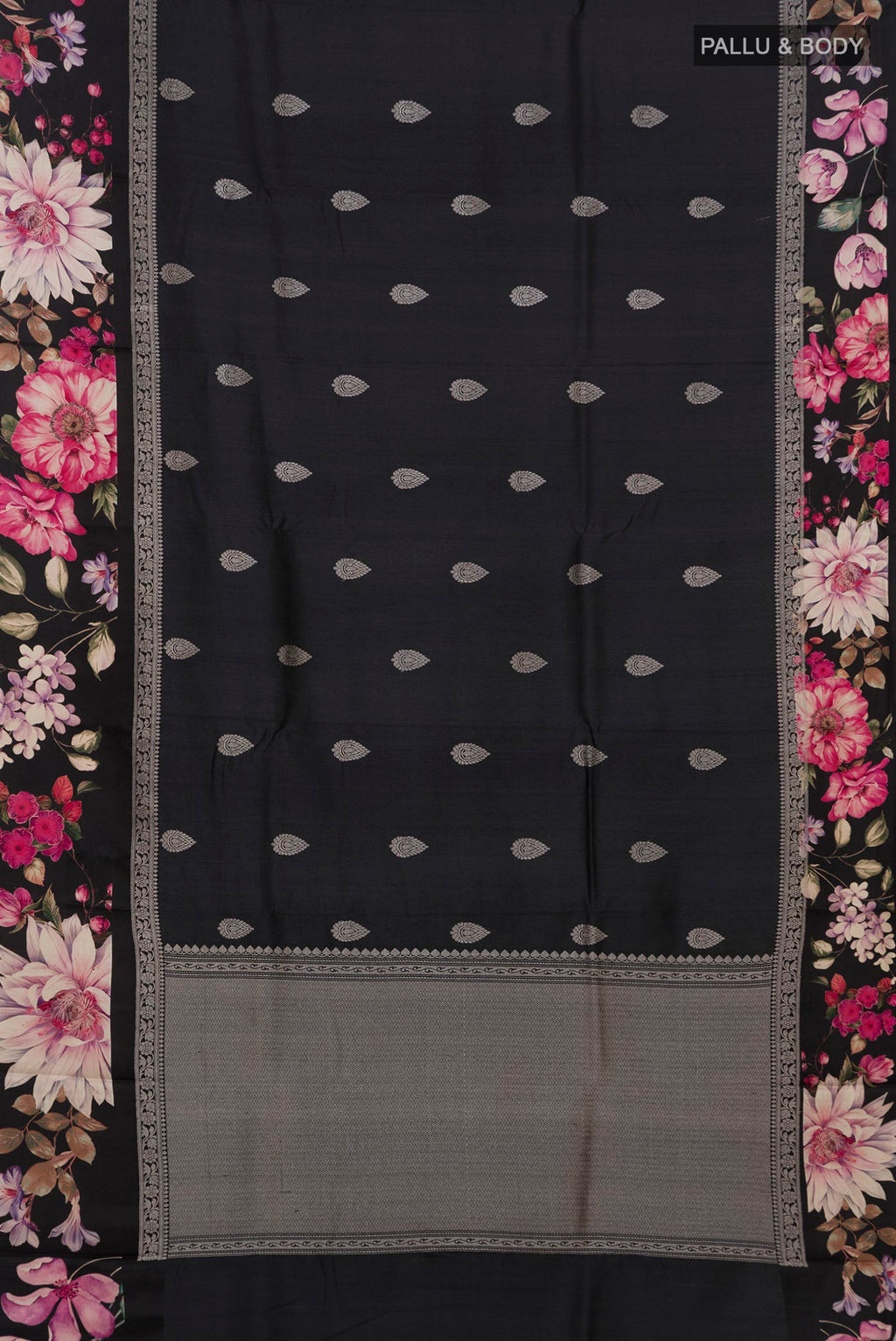 Flat view of Black Tussar Saree with Zari Butta on the body and Fancy Border. 