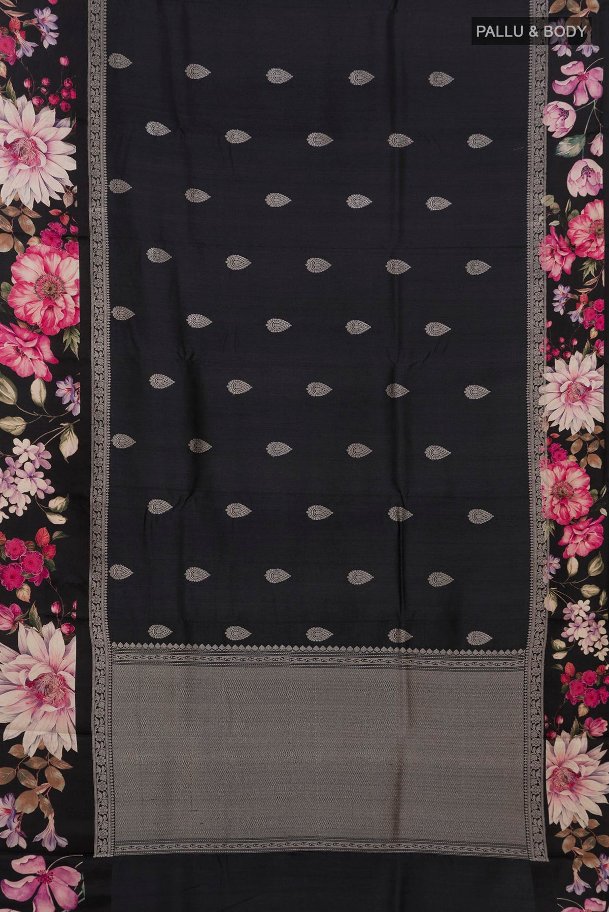 Flat view of Black Tussar Saree with Zari Butta on the body and Fancy Border. 