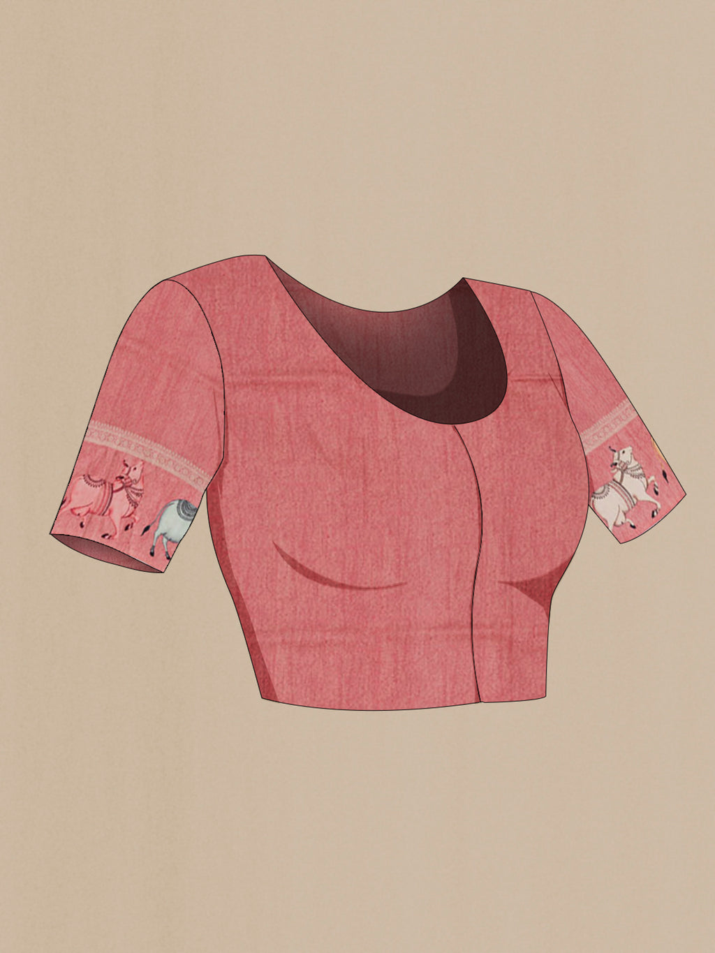 Close up image of the blouse of Peach Tussar Saree with Zari Butta on the body and Fancy Border. 