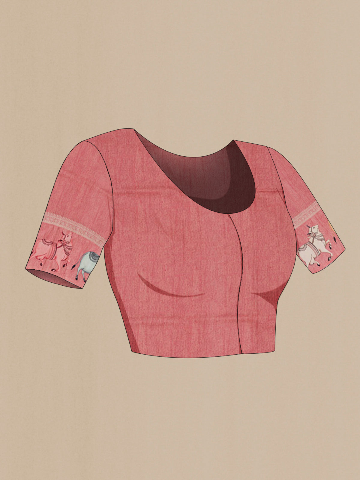 Close up image of the blouse of Peach Tussar Saree with Zari Butta on the body and Fancy Border. 
