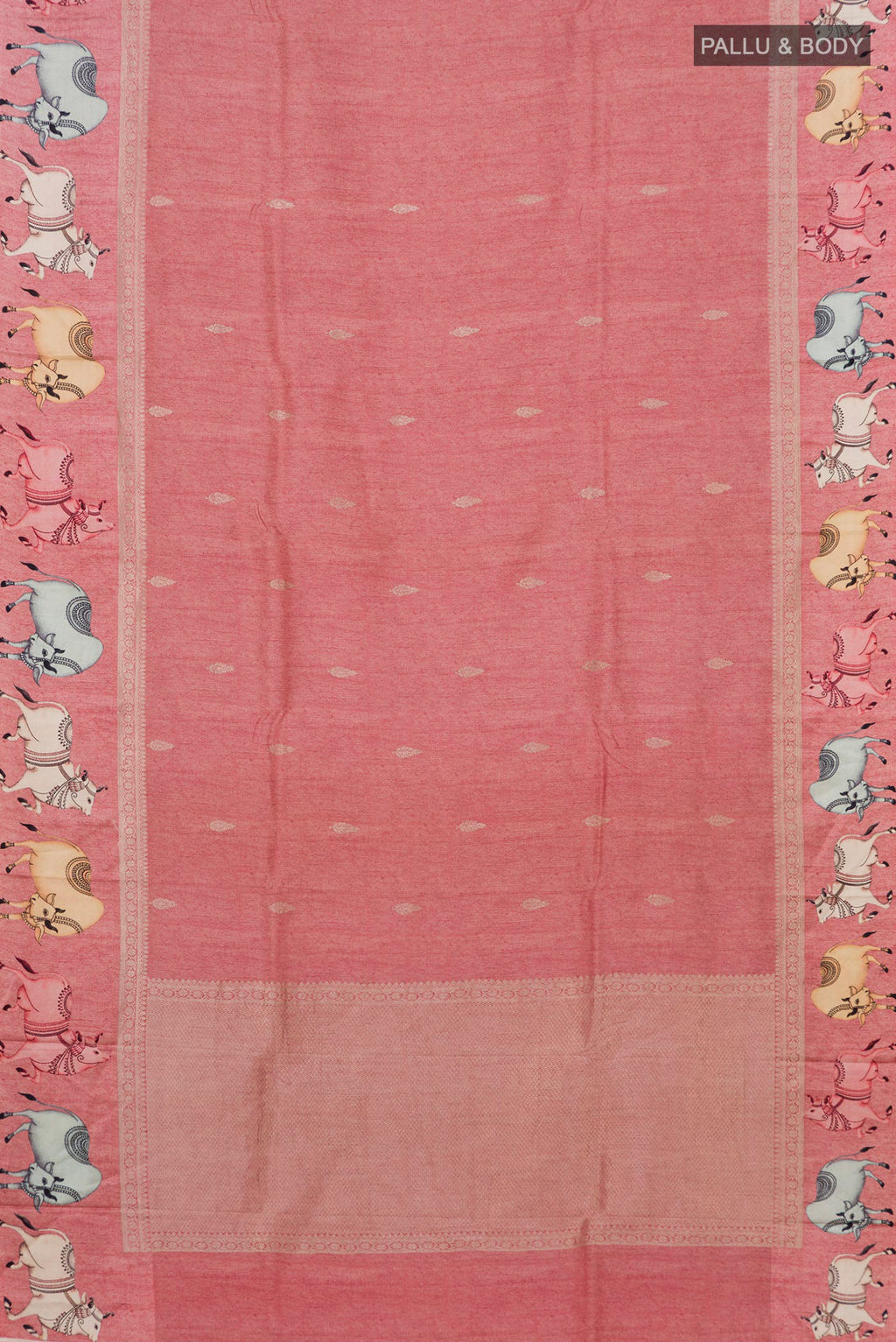 Flat view of Peach Tussar Saree with Zari Butta on the body and Fancy Border. 