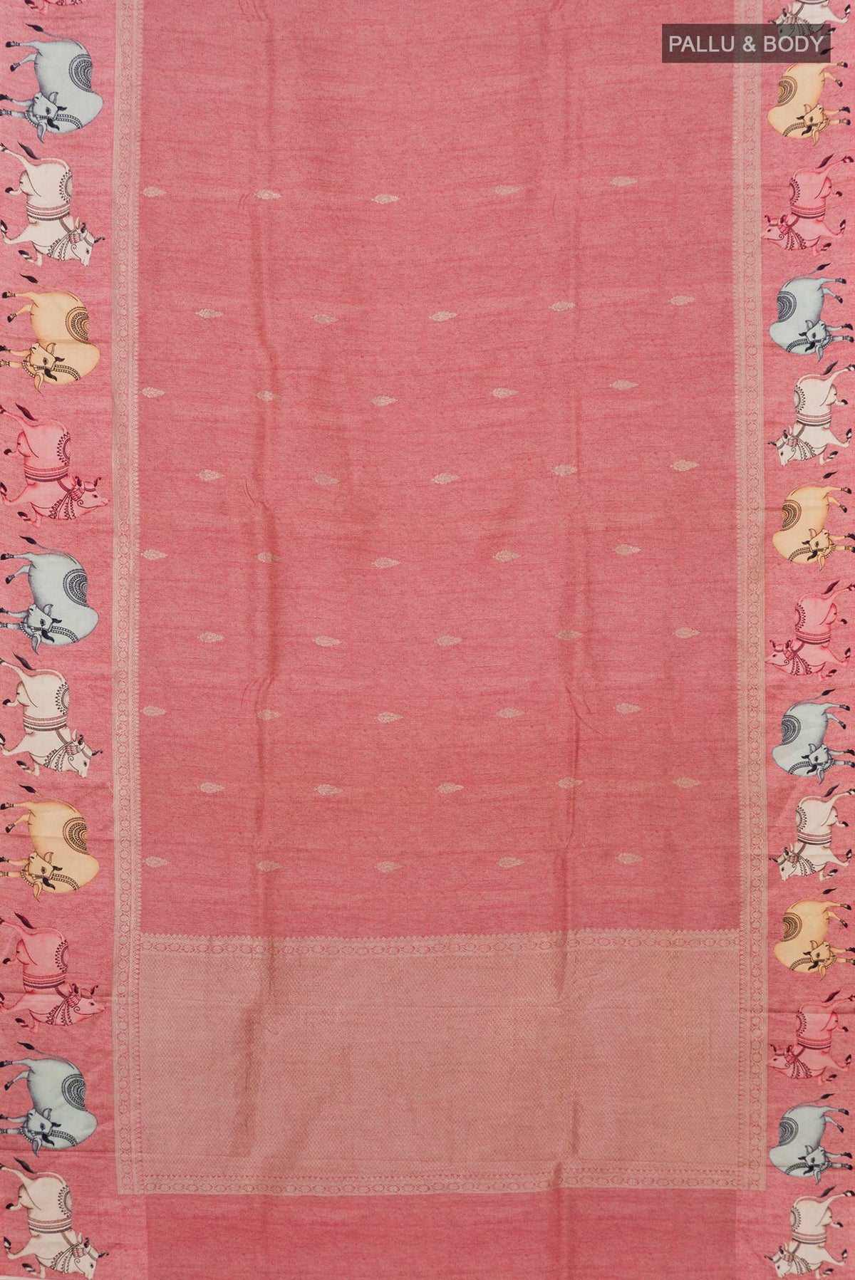 Flat view of Peach Tussar Saree with Zari Butta on the body and Fancy Border. 