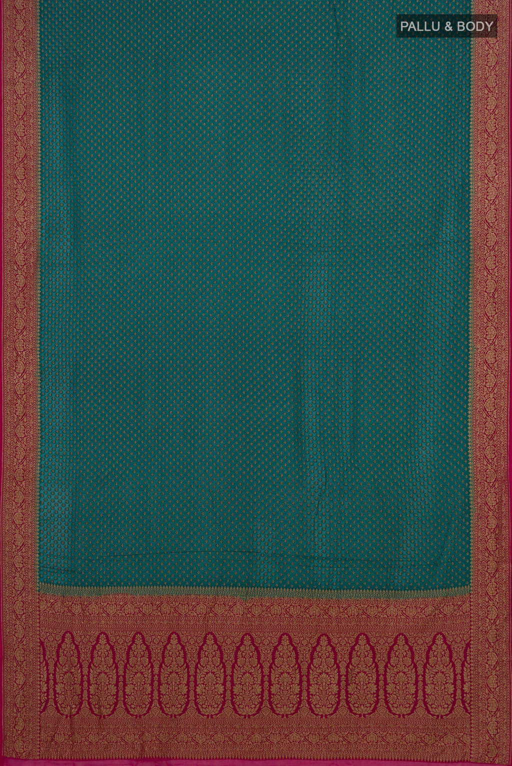 Flat view of Blue Banarasi Georgette Saree with Zari Butta on the body and Fancy Border. 