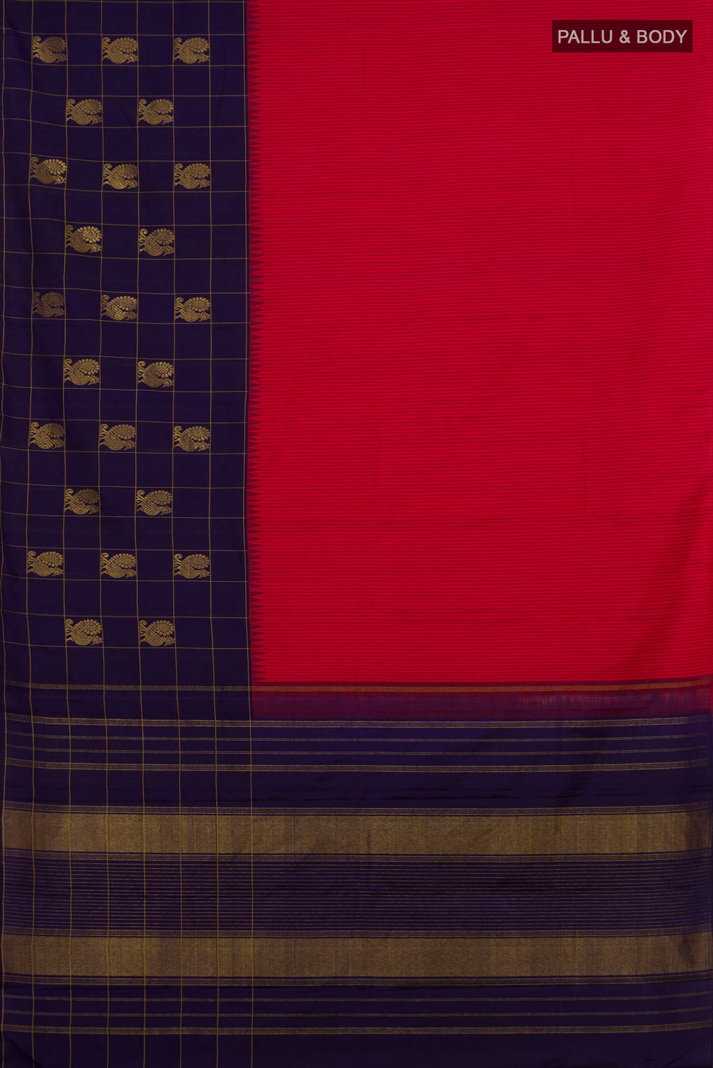 Flat view of Pure Silk Red Kanjivaram Saree with Stripes on the body and Checks Border. 