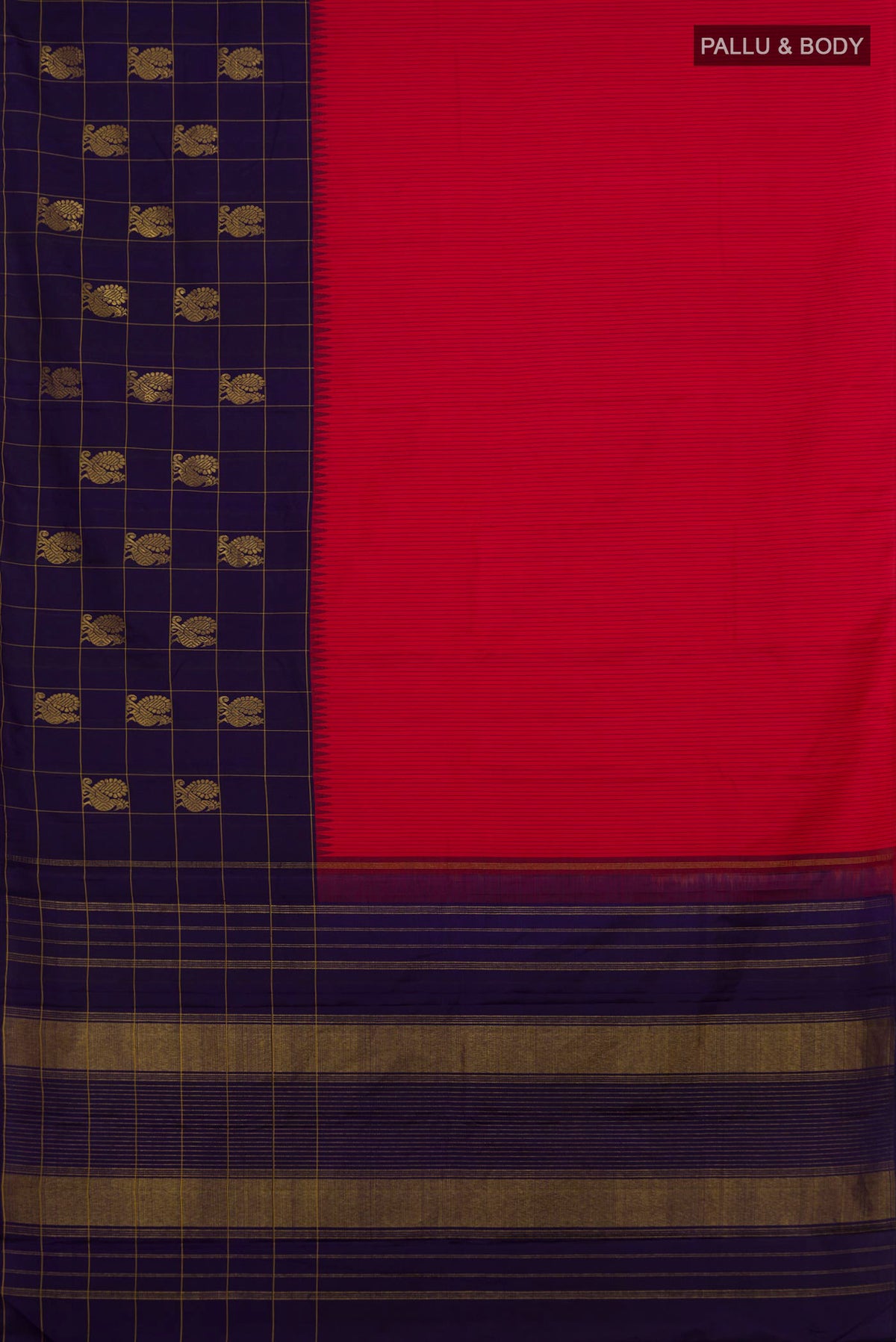 Flat view of Pure Silk Red Kanjivaram Saree with Stripes on the body and Checks Border. 