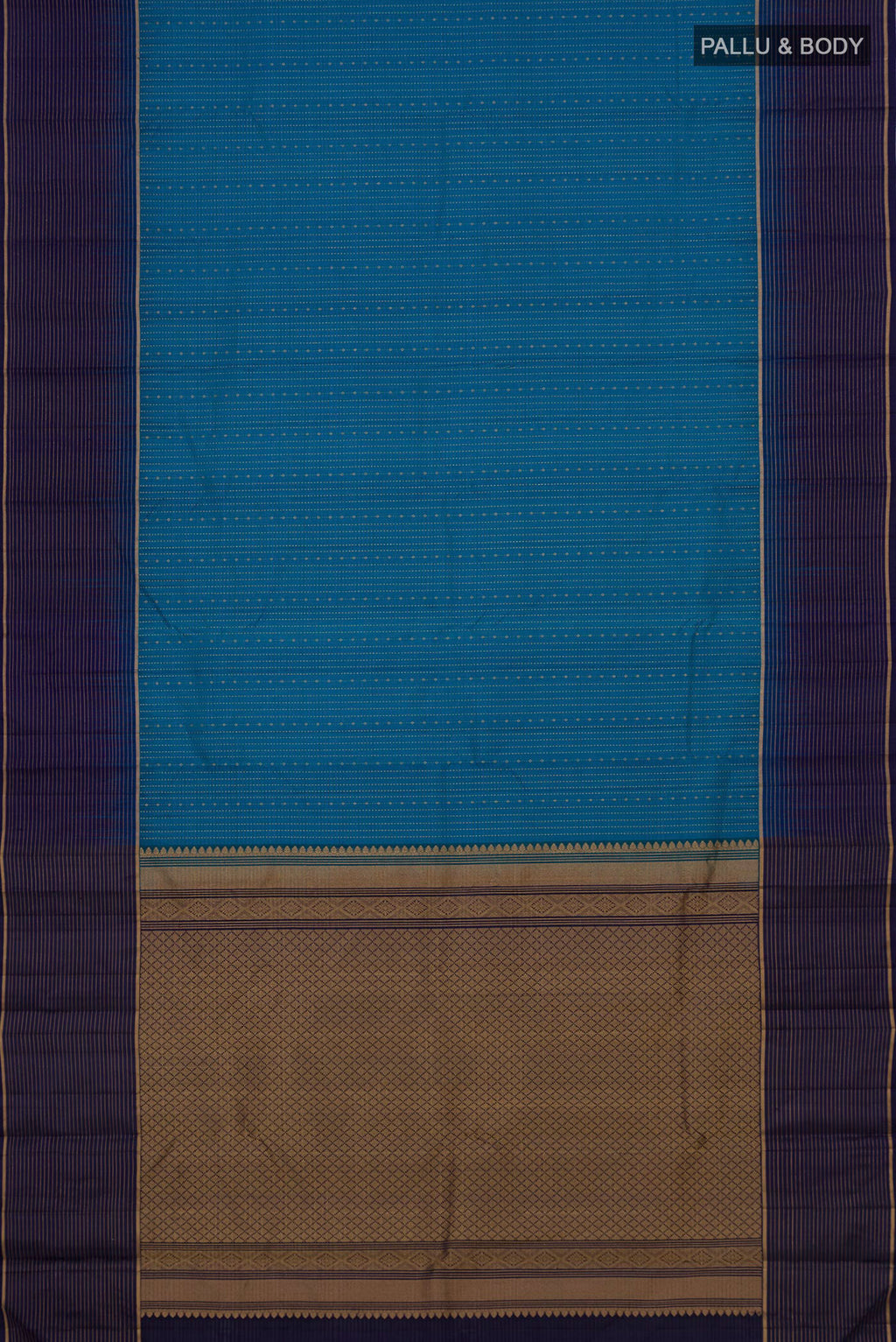 Flat view of Pure Silk Light Blue Kanjivaram Saree with Stripes on the body and Thin Zari Line. 