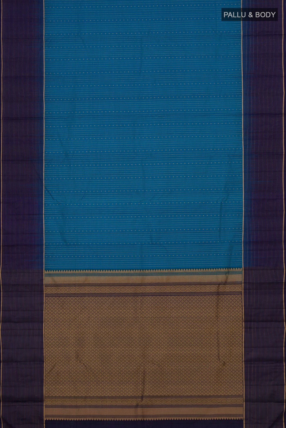 Flat view of Pure Silk Light Blue Kanjivaram Saree with Stripes on the body and Thin Zari Line. 