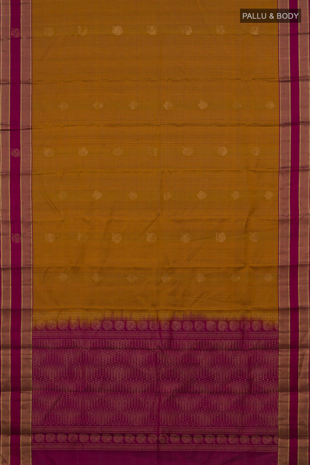 Flat view of Pure Silk Mustard Soft Saree with Zari Butta on the body and Fancy Border. 
