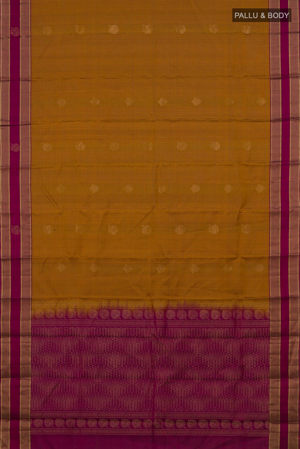 Flat view of Pure Silk Mustard Soft Saree with Zari Butta on the body and Fancy Border. 