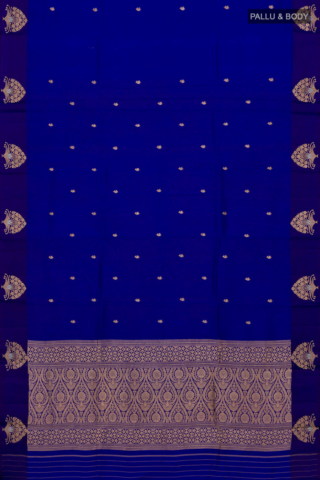 Flat view of Pure Silk Royal Blue Banarasi Katan Saree with Zari Butta on the body and Fancy Border. 