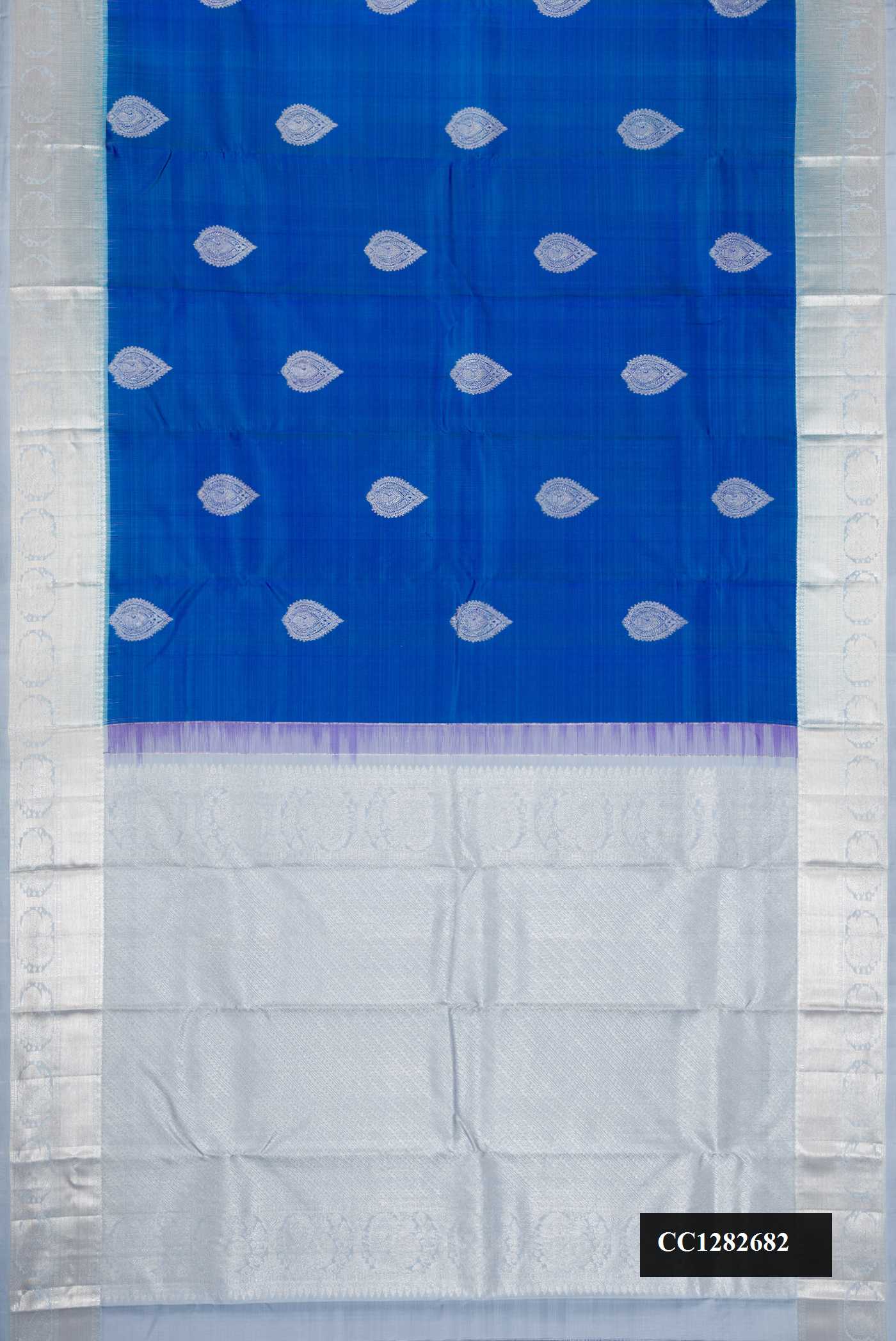 Royal Blue Dual Tone Kanchipuram Silk Saree with Zari Butta on the body and Zari Border.  displayed on a mannequin