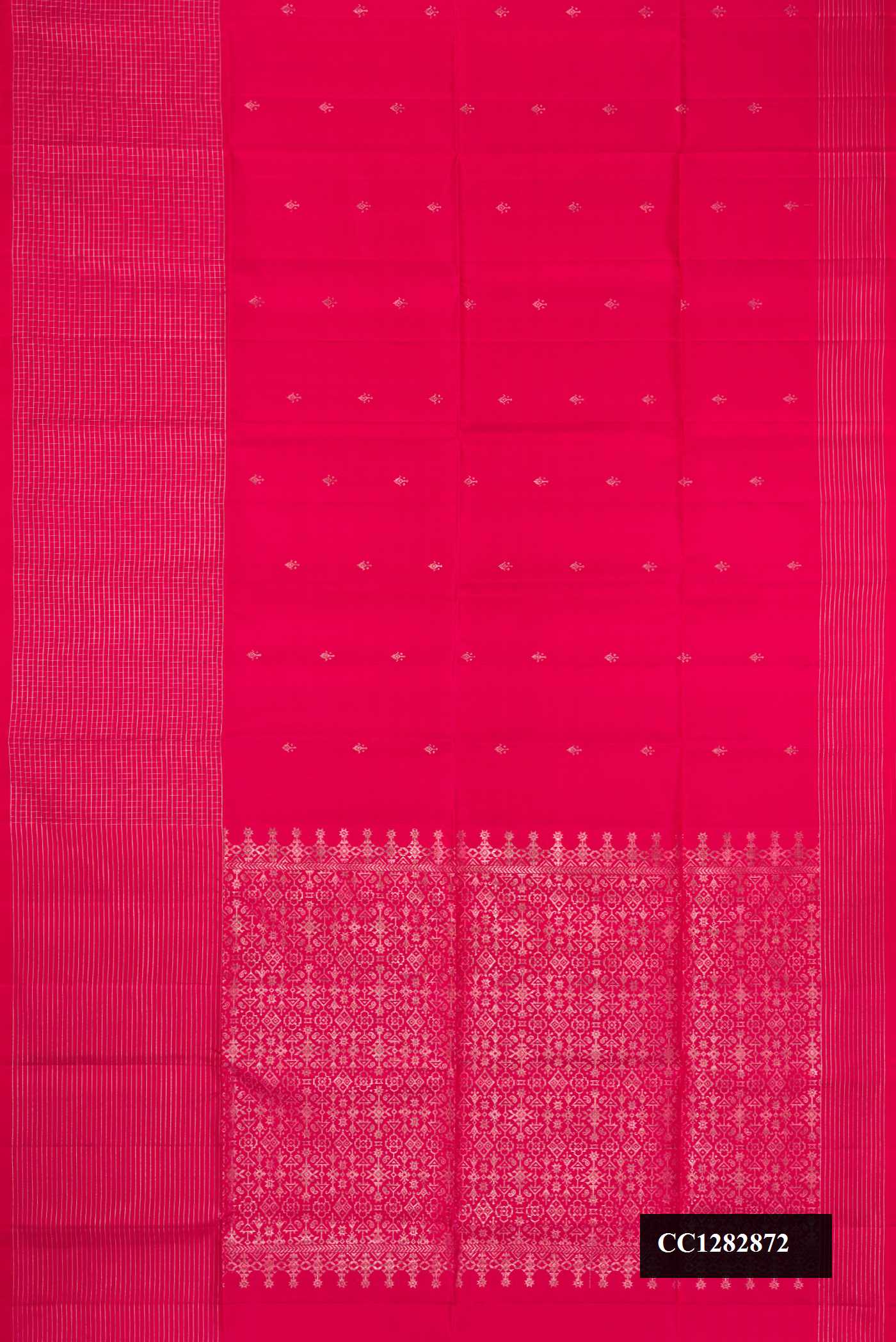 Pink Dual Tone Soft Silk Saree with Zari Butta on the body and Checks Border.  displayed on a mannequin
