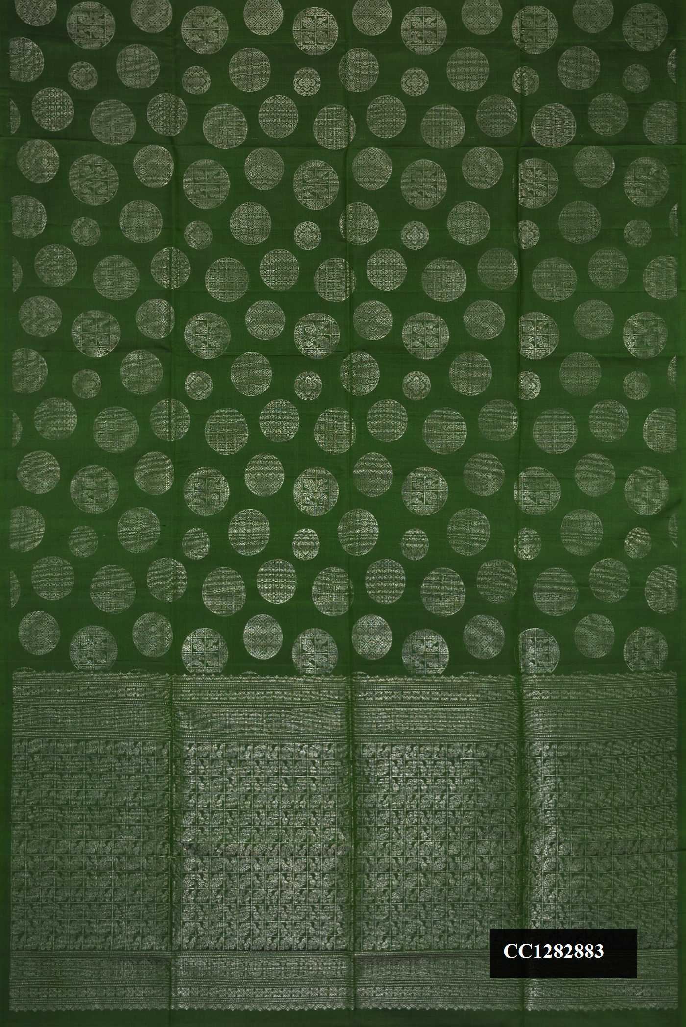 Bottle Green Dual Tone Soft Silk Saree with Zari Brocade on the body and Without Border.  displayed on a mannequin