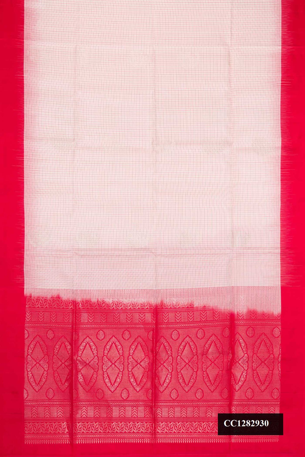 Off White Dual Tone Soft Silk Saree with Checked design on the body and Plain Border.  displayed on a mannequin