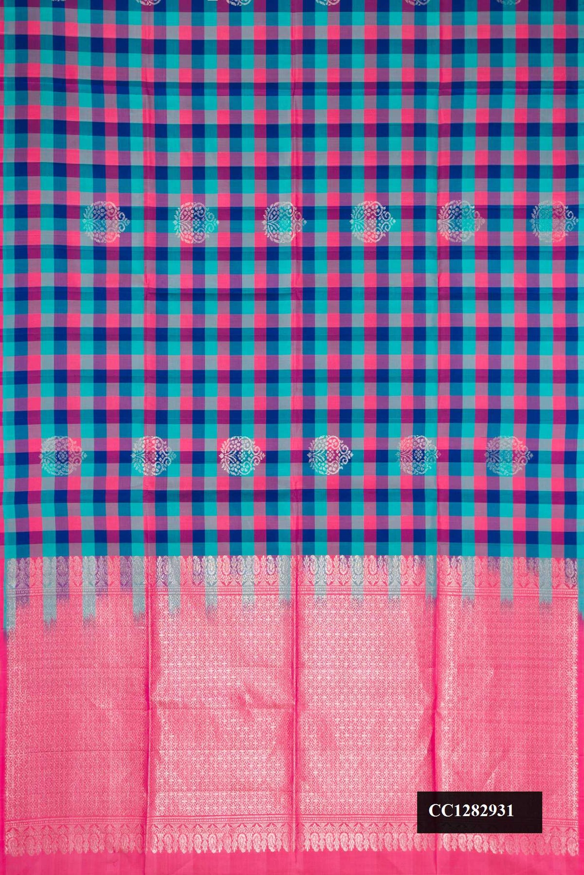 Pink and Sea Green Dual Tone Soft Silk Saree with Checked design on the body and Without Border.  displayed on a mannequin