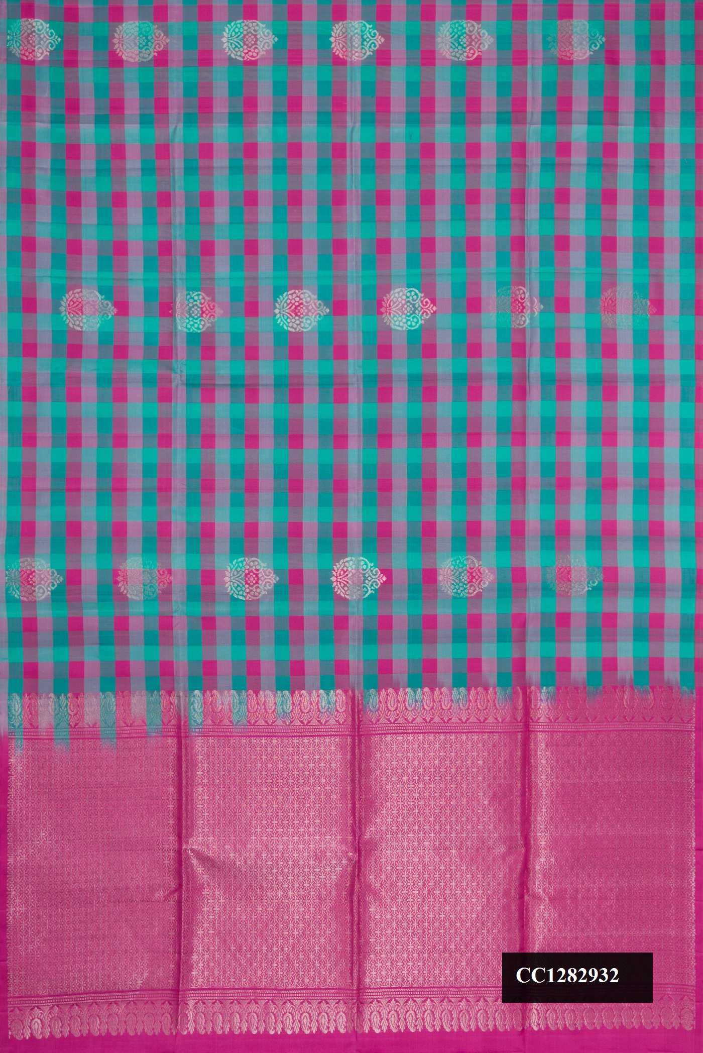 Sea Green and Pink Dual Tone Soft Silk Saree with Checked design on the body and Without Border.  displayed on a mannequin